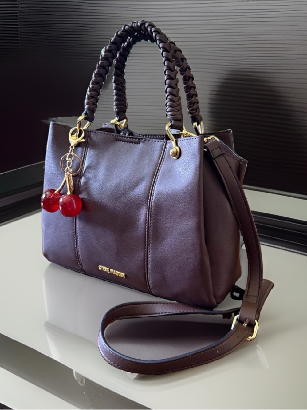 Steve Madden BfLynn Chocolate Brown Satchel + Cherry Charm 🍒